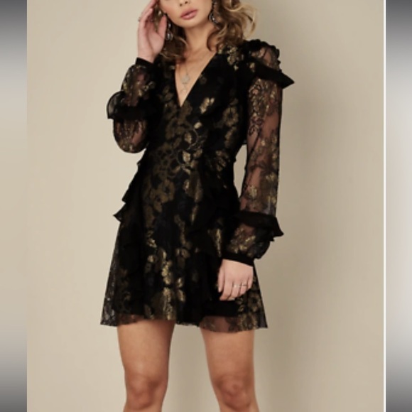 For Love & Lemons Floral Lace Ruffle Black & Gold Dress - Picture 2 of 11